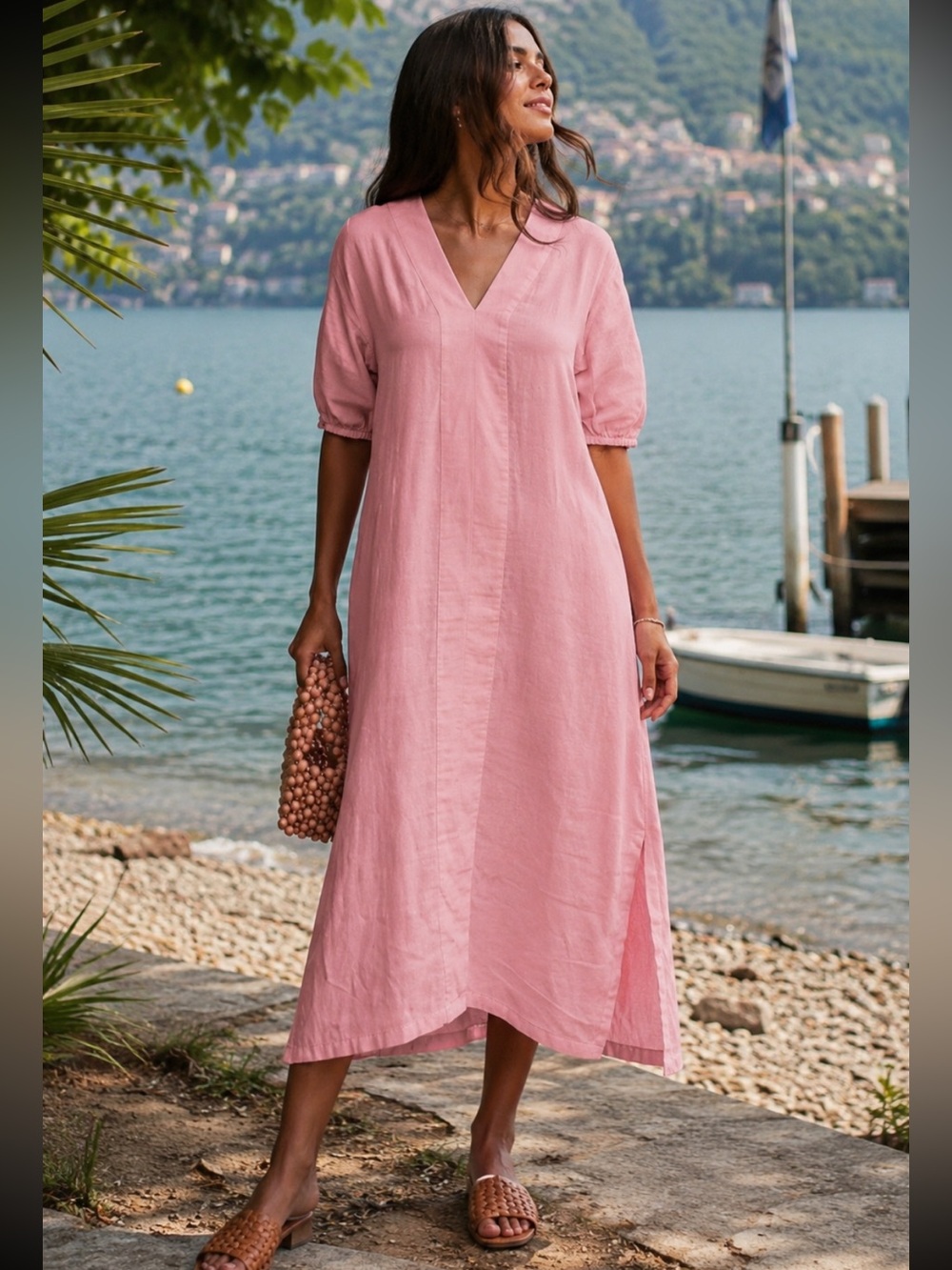 LAKE  Cotton Gauze Puff Sleeve Oversized Caftan House Dress in  Coral Pink S